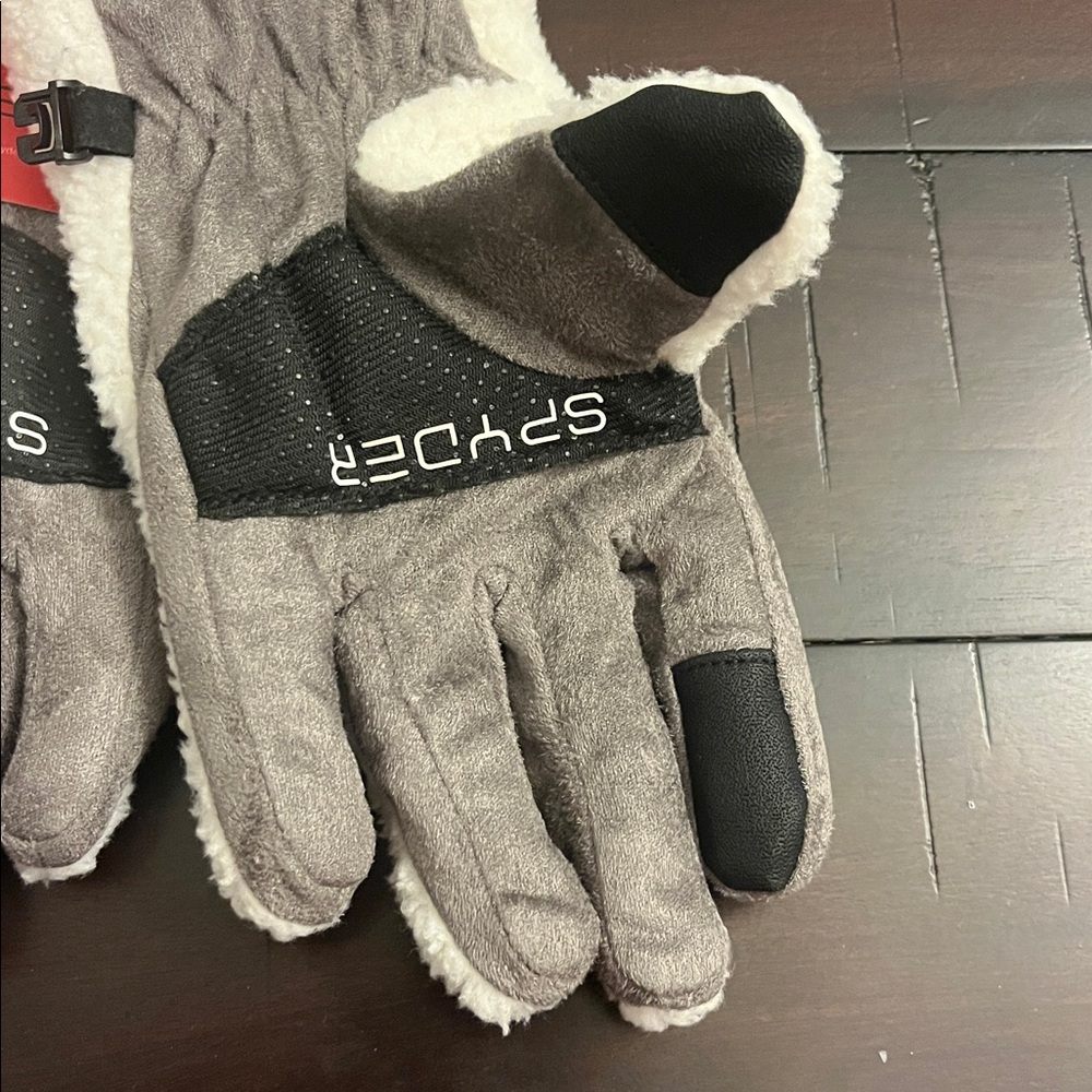 Spyder Fleece Winter Gloves cream gray Tech Kids Size 10-16 Boys or Girls L/XL - Picture 4 of 11
